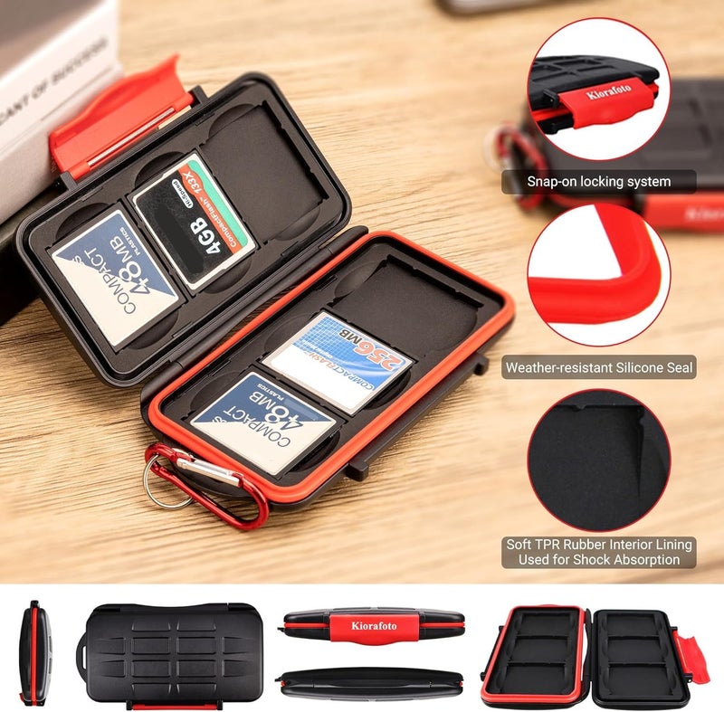 Kiorafoto 6 CF Card Slots Professional Water-Resistant Anti-Shock Compact Flash Card Holder Case Storage Compact Flash Memory Card Protector Wallet with Carabiner - Image 4